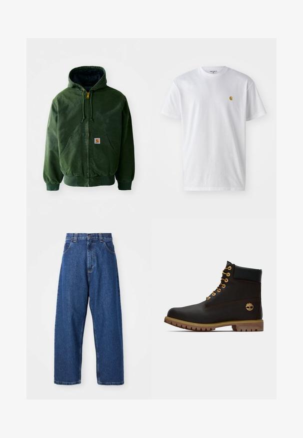 Veste à capuche en coton vert avec une fermeture éclair à l'avant, deux grandes poches, des poignets côtelés et un patch logo sur la poitrine gauche.; T-shirt en coton blanc à manches courtes, col rond, avec un petit logo doré sur la poitrine gauche. Texture douce et coupe régulière.; Jean large en denim bleu foncé. Présente une taille haute, des passants de ceinture et un design classique à cinq poches. Ourlet piqué avec une finition soignée.; Bottine noire en cuir avec œillets dorés, accents marron et semelle en caoutchouc. Comprend un col rembourré et un logo estampé sur le côté.