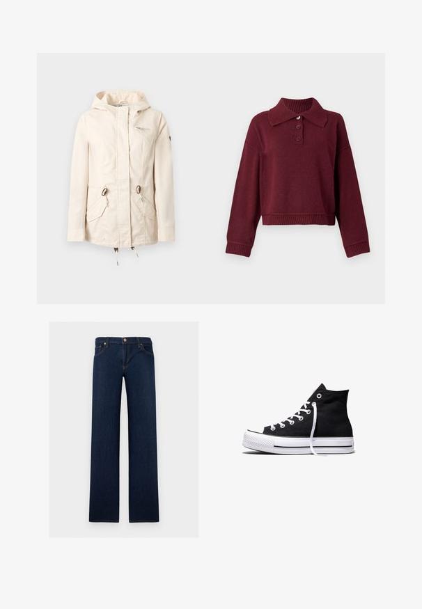 Veste à capuche couleur crème avec fermeture éclair frontale, deux poches à rabat avec boutons-pression et une petite poche poitrine zippée.; Pull beige avec col, patte de boutonnage à trois boutons et bords côtes. Texture douce avec une coupe décontractée.; Jean en denim bleu foncé droit avec cinq poches et une fermeture à boutons à la taille.; Baskets montantes en toile noire avec semelle en caoutchouc blanche et lacets blancs, vues de côté sur un fond blanc.