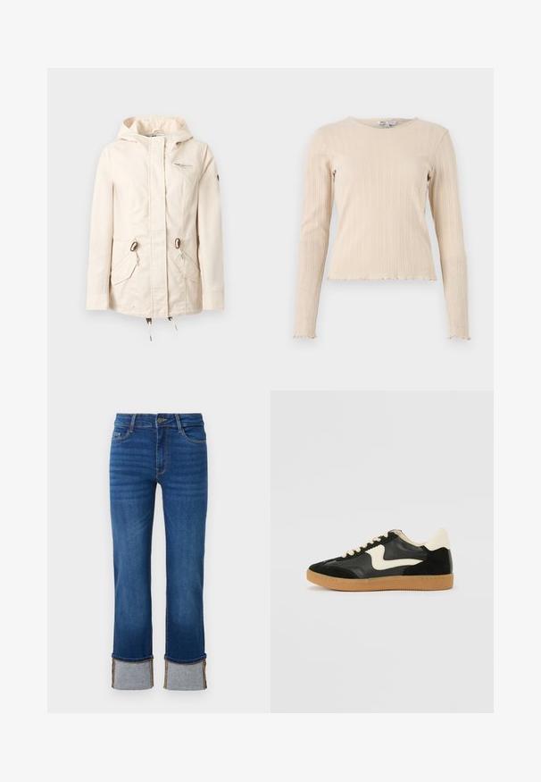 Veste à capuche couleur crème avec fermeture éclair frontale, deux poches à rabat avec boutons-pression et une petite poche poitrine zippée.; Top beige à manches longues en rib avec un col rond et un ourlet en dentelle. Le tissu présente un motif texturé subtil sur l'ensemble.; Jean en denim bleu avec une jambe droite, présentant des ourlets retroussés en gris clair. Taille mi-haute et design traditionnel à cinq poches.; Baskets en daim et cuir noir avec un swoosh latéral crème et un talon crème clair. Dotées de lacets beige et d'une semelle en caoutchouc gomme.