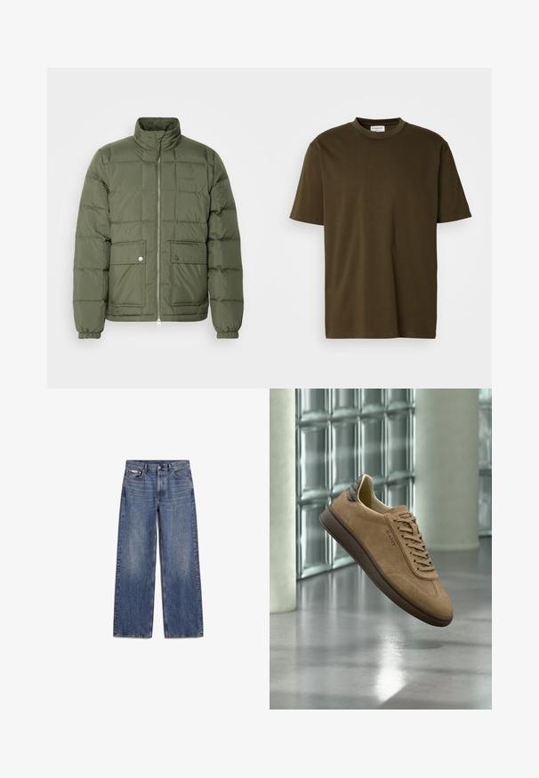 Veste matelassée verte avec un col haut, un design matelassé, deux poches avant et des bijoux en argent. Présente des poignets et un ourlet élastiqués.; T-shirt à col rond court en olive vert uni, avec une étiquette de marque blanche visible au niveau du cou, présenté sur un fond blanc.; Jean en denim bleu coupe droite avec poches avant, passants de ceinture et fermeture par boutons, posé à plat sur fond blanc.; Baskets en daim marron avec semelle foncée et languette au talon flottant à l'intérieur près d'un mur en blocs de verre sur un sol poli.