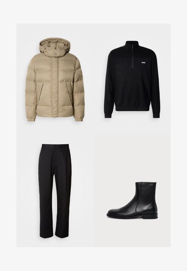 Veste à capuche rembourrée en beige, dotée de deux poches avant, d'un tissu texturé et de poignets côtelés. Boutons-pression au niveau du cou pour la fermeture.; Pull-over noir avec un col zippé à mi-longueur, présentant une texture côtelée aux épaules et un petit logo blanc "BOSS" sur la poitrine.; Pantalon noir à coupe droite, en tissu léger. Il dispose d'une fermeture à bouton sur le devant et de deux poches latérales ; texture lisse.; Bottine en cuir noir à talon bas, couture latérale et petit logo "HUGO" sur le revers supérieur sur un fond uni.