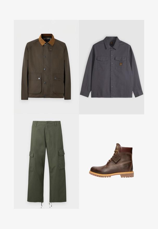 Veste marron cirée avec col en velours côtelé beige, boutons-pression à l'avant et deux grandes poches à rabat à boutons.; Chemise gris foncé à manches longues avec boutons, deux poches sur la poitrine, dont une avec une petite étiquette noire et dorée.; Pantalon cargo vert olive avec poches latérales à rabat, fermeture par boutons, passants de ceinture et cordons ajustables aux larges ourlets des jambes.; Bottine en cuir marron avec un bout rond, une semelle robuste, des éléments en doré et un dessus texturé. Comprend une étiquette de logo attachée.
