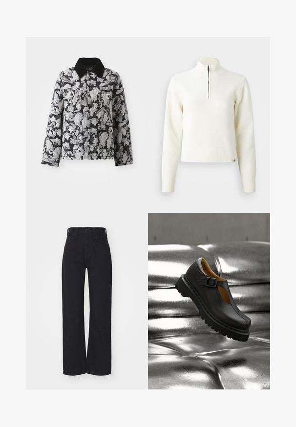 Veste à motif camouflage noir et gris avec col noir, devant boutonné, poches à rabat sur la poitrine, écusson logo jaune sur la poche de poitrine gauche.; Pull-over blanc à col zippé et manches longues. Fabriqué en matériau tricoté doux, avec des poignets et un ourlet côtelés. Logo de la marque subtil à l'ourlet.; Jeans noirs taille haute à jambes larges avec fermeture à bouton et zip à l'avant, passants de ceinture et deux poches avant sur fond blanc.; Chaussure Mary Jane en cuir noir avec une semelle épaisse rainurée et une bride à boucle, flottant au-dessus d'une surface argentée brillante matelassée.