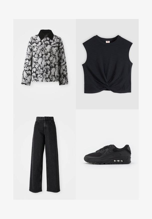 Veste à motif camouflage noir et gris avec col noir, devant boutonné, poches à rabat sur la poitrine, écusson logo jaune sur la poche de poitrine gauche.; Haut court noir sans manches avec un col rond et un détail de nœud torsadé à l'avant, centré à l'ourlet.; Jean en denim noir à taille haute et jambes larges, avec un design classique à cinq poches et des détails de couture subtils.; Baskets de sport noires avec une tige en cuir lisse et en mesh, bout rond, accents texturés, et une unité d'air visible dans la semelle.