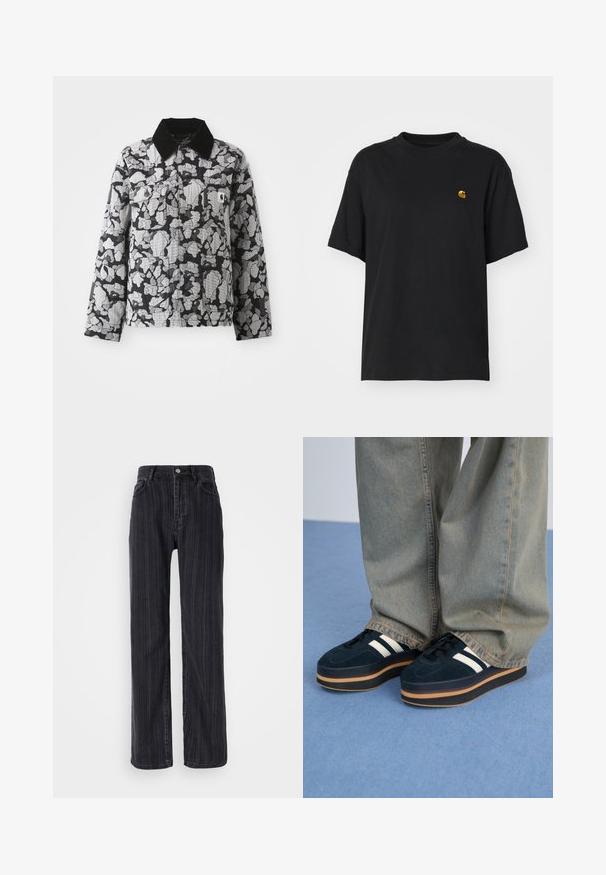 Veste à motif camouflage noir et gris avec col noir, devant boutonné, poches à rabat sur la poitrine, écusson logo jaune sur la poche de poitrine gauche.; T-shirt en coton noir à coupe décontractée. Présente un col rond et des manches courtes. Comprend un petit logo doré brodé sur la poitrine.; Jean en denim noir taille haute avec un motif rayé vertical, coupe droite et fermeture à bouton métallique à l'avant.; Baskets plateforme en suédine bleu foncé avec des rayures blanches et des lacets noirs. Dotées d'une épaisse semelle en caoutchouc brun. Portées avec un pantalon en denim bleu clair.