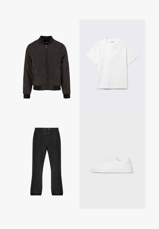 Veste bomber noire matelassée avec un col côtelé, des poignets élastiques et une taille élastique. Présente une fermeture éclair et une texture lisse.; T-shirt blanc à manches courtes et col rond, étalé à plat, design uni, avec l'étiquette "WEEKDAY" à l'intérieur du col sur un fond clair.; Jean en denim noir avec une coupe droite, style à cinq poches, fermeture à bouton et une légère texture délavée.; Sneaker blanc avec une tige en cuir lisse, bout rond, lacets, accents latéraux texturés et une épaisse semelle en caoutchouc. Design minimaliste.