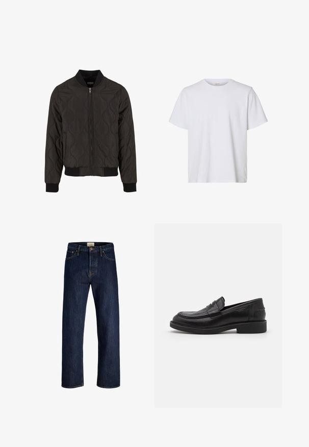Veste bomber noire matelassée avec un col côtelé, des poignets élastiques et une taille élastique. Présente une fermeture éclair et une texture lisse.; T-shirt blanc uni à manches courtes, col rond, coupe régulière et texture de tissu lisse, présenté sur fond blanc.; Jeans en denim bleu foncé à jambes droites avec bouton frontal, fermeture éclair et design à cinq poches, présentés à plat sur un fond blanc.; Mocassins en cuir noir avec un bout arrondi, des coutures ton sur ton et un détail de sangle à l'avant. Semelle en caoutchouc avec un petit talon.
