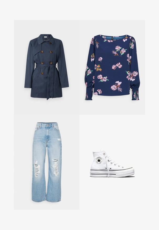 Marineblå dobbeltradet trenchcoat med brune knapper, bælte til at binde om taljen og lange ærmer.; Vero Moda Petite VMLYDIA SMOCK - Bluse - navy blazer/lana; Dr.Denim Petite ECHO - Jeans Relaxed Fit - empress sky; Hvid højtop Converse Chuck Taylor All Star-sneaker med sort logo-patch og hvide snørebånd, vist på hvid baggrund.