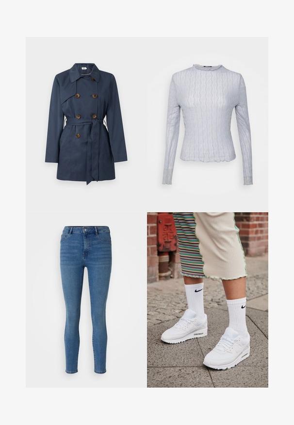 Gabardina azul marino de doble botonadura con botones marrones, cinturón para atar a la cintura y mangas largas.; Gina Tricot Petite EVERLY TOP - Camiseta de manga larga - zen blue; Jeans ajustados en denim azul medio, con cierre de botón delantero, passantes para cinturón y estilo de cinco bolsillos con una textura suave.; Zapatillas Nike Air Max 90 blancas con parte superior de malla y cuero, que cuentan con una unidad de aire visible, combinadas con calcetines blancos con relieve y logotipo negro.