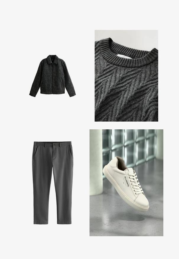 Chaqueta gris con cremallera y cuello. Fabricada con un tejido texturizado de acabado suave. Presenta dos bolsillos laterales y mangas largas.; Suéter de punto gris oscuro con un cuello redondo acanalado y un patrón de trenzado diagonal en una tela suave.; Pantalones entallados gris oscuro con trabillas para cinturón, cierre frontal con botón y cremallera, y bolsillos laterales inclinados, mostrados sobre un fondo blanco.; Zapatilla blanca de AllSaints con cordones, logo y texto en japonés suspendida sobre un suelo de hormigón pulido con bloques de vidrio esmerilado en el fondo.