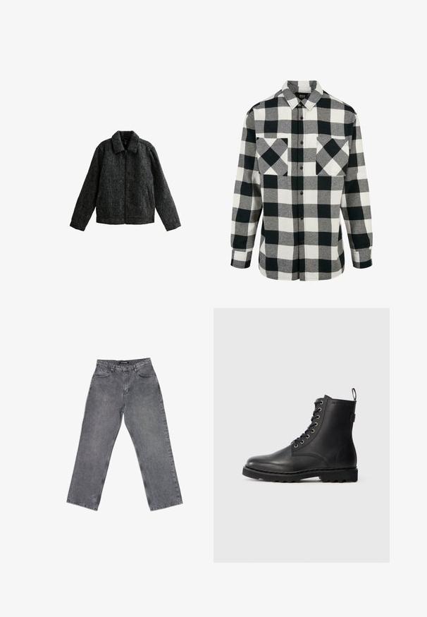 Veste zippée grise avec un col. Fabriquée en tissu texturé avec une finition douce. Comprend deux poches latérales et des manches longues.; Chemise en flanelle noir et blanc avec un grand motif à carreaux, manches longues, patte de boutonnage à l'avant et deux poches poitrine. Fabriquée en tissu doux.; Jean en denim gris, taille haute, jambe droite, avec poches avant, passants pour ceinture, fermeture par bouton et coutures visibles sur fond blanc.; Bottine en cuir noir avec bout rond, design à lacets et œillets métalliques. Dispose d'une semelle texturée et d'une languette au talon pour un enfilage facile.