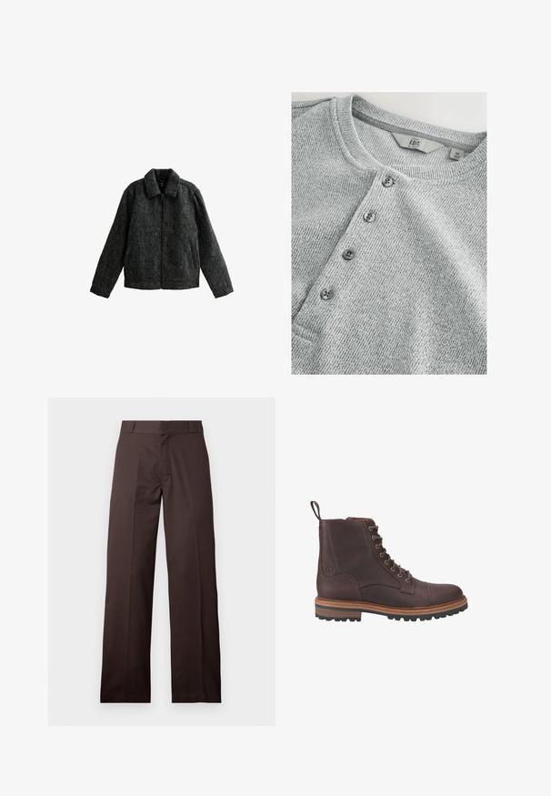 Chaqueta gris con cremallera y cuello. Fabricada con un tejido texturizado de acabado suave. Presenta dos bolsillos laterales y mangas largas.; Camisa de punto gris de manga larga con cuello redondo, tapeta de cinco botones, textura acanalada y un diseño ajustado. La etiqueta indica talla M.; Pantalones marrones de pierna recta con trabillas para cinturón y cierre frontal, mostrados sobre un fondo liso y claro.; Botas de piel marrón con cordones hasta el tobillo, acabado texturizado, suelas beige contrastantes y ojales metálicos. Incluyen una lengüeta para facilitar su puesta.