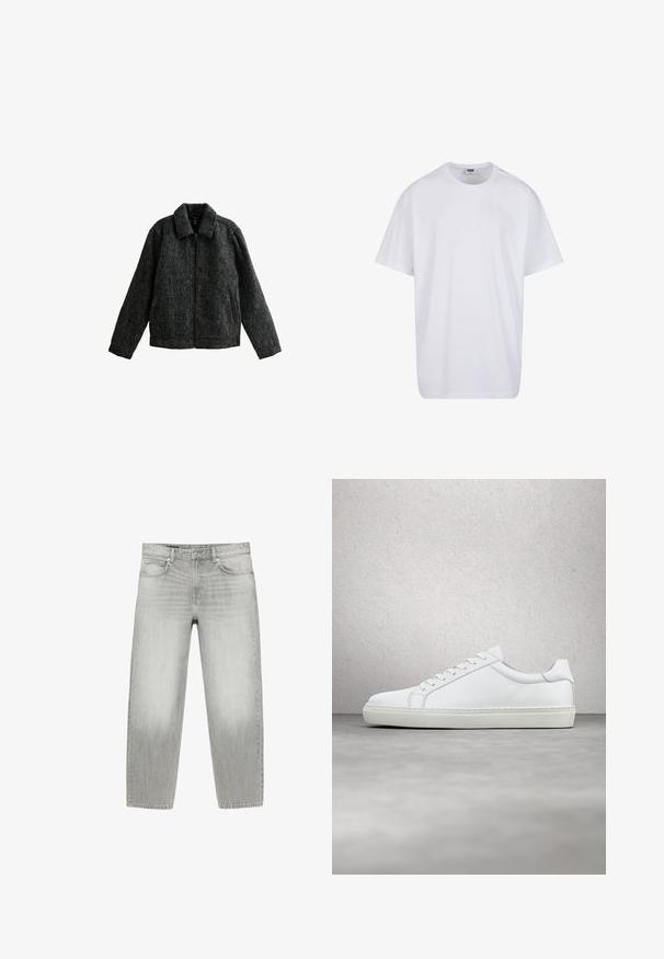 Veste zippée grise avec un col. Fabriquée en tissu texturé avec une finition douce. Comprend deux poches latérales et des manches longues.; T-shirt blanc uni en coton à manches courtes avec col rond et étiquette de taille et de marque visible à l'intérieur du col.; Jean en denim gris clair, coupe droite, poches avant, passants pour ceinture, fermeture par bouton et fermeture éclair sur fond blanc.; Sneaker blanche avec une tige en cuir lisse et un profil bas. Présente un bout arrondi, six œillets et une semelle en caoutchouc texturé.