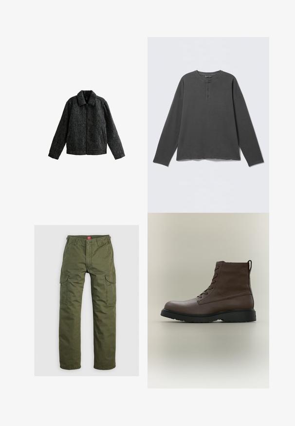 Chaqueta gris con cremallera y cuello. Fabricada con un tejido texturizado de acabado suave. Presenta dos bolsillos laterales y mangas largas.; Camiseta henley de manga larga en gris oscuro con escote redondo y tres botones en la tapeta frontal.; Pantalones cargo verde oliva hechos de una tela duradera, con bolsillos laterales, cierre de botón y un diseño de pierna recta.; Bota marrón de piel con cordones hasta el tobillo, suela de caucho negra, punta redonda y tira para tirar en la parte trasera, mostrada de perfil sobre fondo neutro.