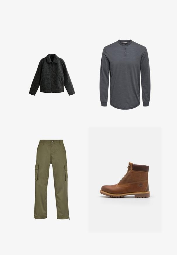 Chaqueta gris con cremallera y cuello. Fabricada con un tejido texturizado de acabado suave. Presenta dos bolsillos laterales y mangas largas.; Camiseta henley de manga larga y color gris, confeccionada con tela suave, que presenta un dobladillo redondeado, una tapeta con tres botones y puños acanalados.; Pantalones cargo de color verde oliva con corte recto, dos bolsillos laterales y detalles de cremallera en los puños. Fabricados con un tejido duradero.; Botas de senderismo de cuero marrón con un acabado suave, tobillo acolchado, ojales de metal y suela de goma con un patrón de tracción robusto.