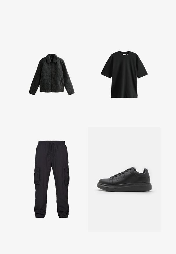Chaqueta gris con cremallera y cuello. Fabricada con un tejido texturizado de acabado suave. Presenta dos bolsillos laterales y mangas largas.; Camiseta negra de manga corta hecha de algodón, con cuello redondo y un corte holgado, con una textura suave y un diseño minimalista.; Pantalones cargo negros hechos de tejido ligero, con una cinturilla elástica y cordón, múltiples bolsillos y un ajuste relajado.; Jack & Jones Trainers Trainers - Zapatillas - black