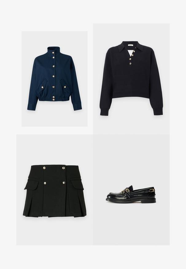 Veste bleu marine avec col montant, boutons-pression dorés sur le devant, ourlet élastique et deux poches avant à rabat avec fermetures à bouton doré.; Pull noir en maille à manches longues avec un col et cinq boutons beige disposés en biais le long du plastron de la poitrine, poignets et ourlet côtelés.; Jupe mini plissée noire en tissu texturé, dotée de deux poches avant et de accents de boutons en ton doré.; Mocassins en cuir noir avec une finition brillante, dotés de deux boucles dorées et d'un talon bas. Texture lisse avec un design à bout arrondi.