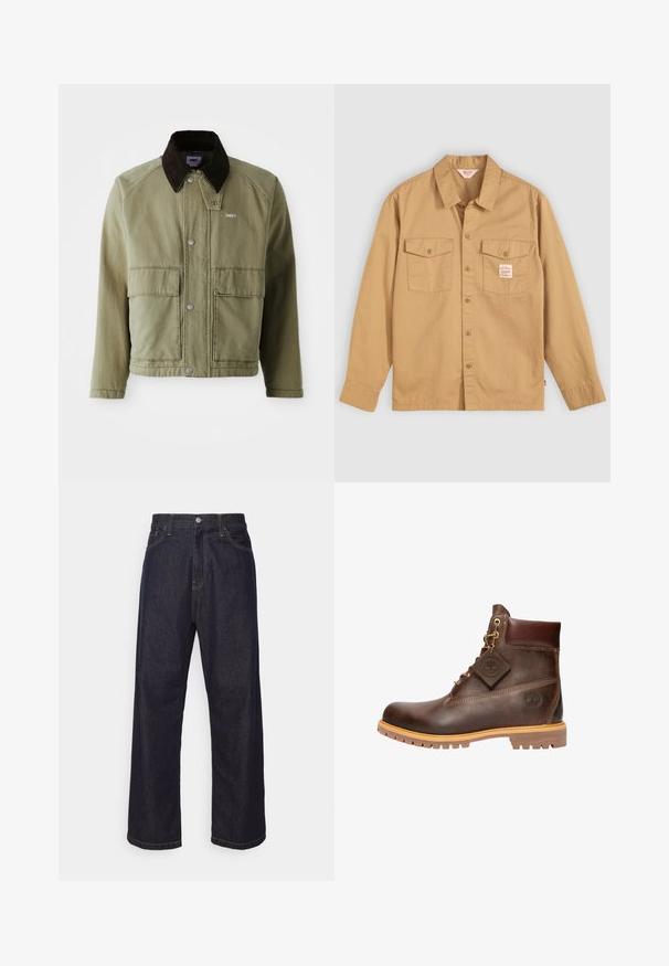 Oliivroheline denim jakk pruunist sametist kraega, millel on nööbiliistu, kaks esikot ja väike logo vasakul rinnal.; Kollane nööbideta särk pika varrukaga, kahe rinnataskuga ja väikese etiketiga. Valmistatud puuvillast, millel on sile tekstuur ja klassikaline krae disain.; Tumedad sinised sirged teksapüksid kollaste õmblustega, esiknapp, lukuga ja viie taskuga disain.; pruun nahkne pahklöögi saabas ümarate varvastega, tugev tald, kuldse tooni detaljid ja tekstureeritud pealispind. Kaasas brändi silt.