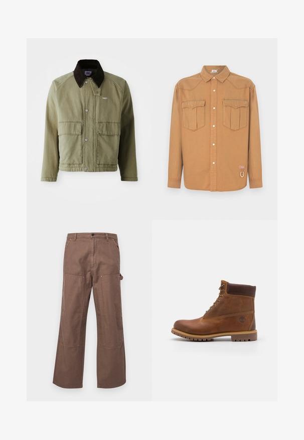 Olivenfarvet denimjakke med en brun ruskindsfarvet krave, med trykknapper, to forlommer og et lille logo på venstre bryst.; Brun denimskjorte med to brystlommer, spids krave, knaplukning foran og kontrastsyning. Indeholder en logo-patch og en løkke detalje.; Brune bomulds cargo bukser med en afslappet pasform, sidelommer og store knælapper for øget holdbarhed og stil.; Brun læder vandrestøvle med en glat finish, polstret ankel, metalliske snørehuller og en gummisål med et robust dækmønster.