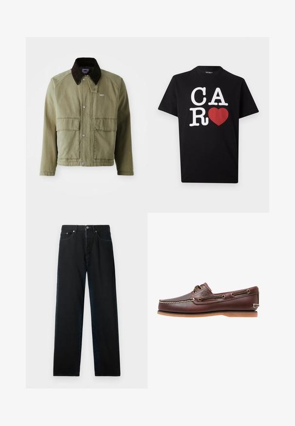 Oliivroheline denim jakk pruunist sametist kraega, millel on nööbiliistu, kaks esikot ja väike logo vasakul rinnal.; Must lühikeste varrukatega T-särk, millel on valged tähed "C A R" ja esiküljel keskelt punane süda, mis asendab tähte "T".; Mustad džinsid sirge lõikega, viie taskuga kujunduses ja metallist detailidega. Kangas on sileda tekstuuriga ja minimaalsete plekkidega.; Pruun nahast paatking, valgete õmbluste, paelte detailide ja helepruuni kummitaldaga, nähtud küljelt valgel taustal.