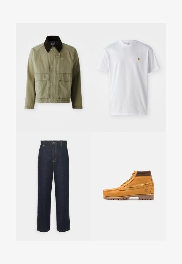 Chaqueta de mezclilla verde oliva con un cuello de ante marrón, con botones a presión, dos bolsillos frontales y un pequeño logo en el lado izquierdo del pecho.; Camiseta de algodón blanca con mangas cortas, cuello redondo, que presenta un pequeño logo dorado en la parte izquierda del pecho. Textura suave y corte regular.; Jeans de mezclilla oscuros de pierna ancha con costuras amarillas, que cuentan con un cierre frontal de botón y bolsillos laterales. Textura suave y diseño tradicional.; Timberland AUTHENTIC MID LACE BOOT - Botines con cordones - wheat