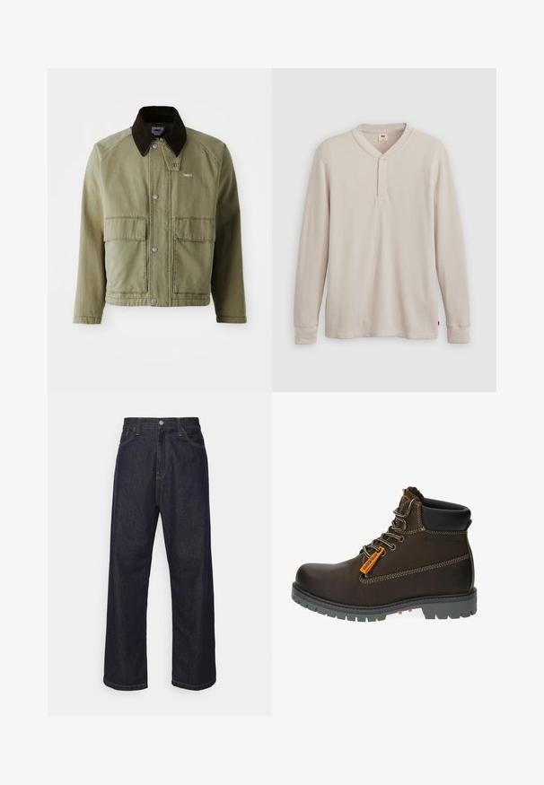 Olivenfarvet denimjakke med en brun ruskindsfarvet krave, med trykknapper, to forlommer og et lille logo på venstre bryst.; Langærmet henley-skjorte i lys beige ribbet stof, med V-hals, tre-knap placket og manchetter ved ærmerne. Rød logo-tags ved kanten.; Mørkeblå lige ben denim jeans med gul syning, frontknap, lynlås og fem-lommer design.; Brun læder ankelstøvle med grå gummisål, orange accentmærke og metaløjer. Har kontraststikning og polstret krave.