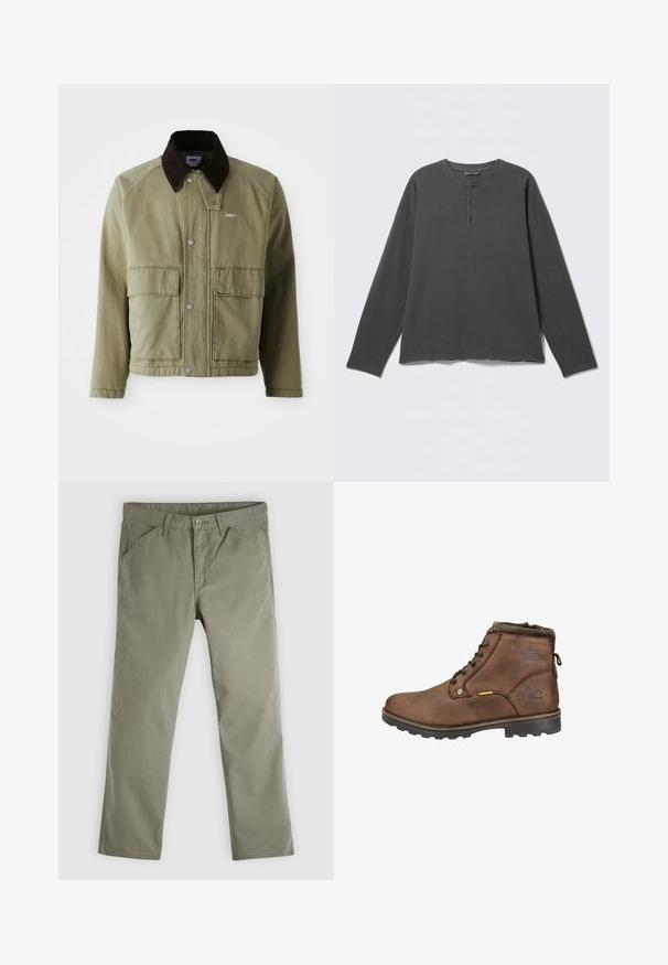 Olivenfarvet denimjakke med en brun ruskindsfarvet krave, med trykknapper, to forlommer og et lille logo på venstre bryst.; Mørkegrå langærmet henley-shirt med rund halsudskæring og tre knapper på frontpladen.; Herrebukser med lige ben i olivengrøn, afslappet stil med lommer foran og bagpå, knaplukning og bæltestropper.; Brune læder ankelstøvle med afrundet tå, snørebåndsdesign, polstret krave og tekstureret gummisål. Har logo og metal-accenter.