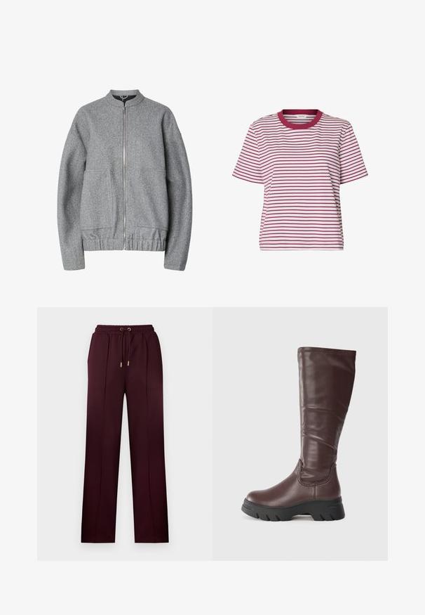 Blouson aviateur gris en tissu texturé, doté d'une fermeture éclair frontale, de deux poches latérales et d'un ourlet froncé. Design simple, sans ornement.; T-shirt blanc à manches courtes avec fines rayures horizontales rouges et un col rond rouge uni.; Pantalon bordeaux en tissu lisse, doté d'une taille à cordon, de plis et d'une coupe décontractée avec des jambes droites. Détails métalliques dorés.; Bottes en cuir marron, montantes jusqu'au genou, avec une finition lisse, une épaisse semelle en caoutchouc noir et un minimum de détails de couture le long du bord supérieur.