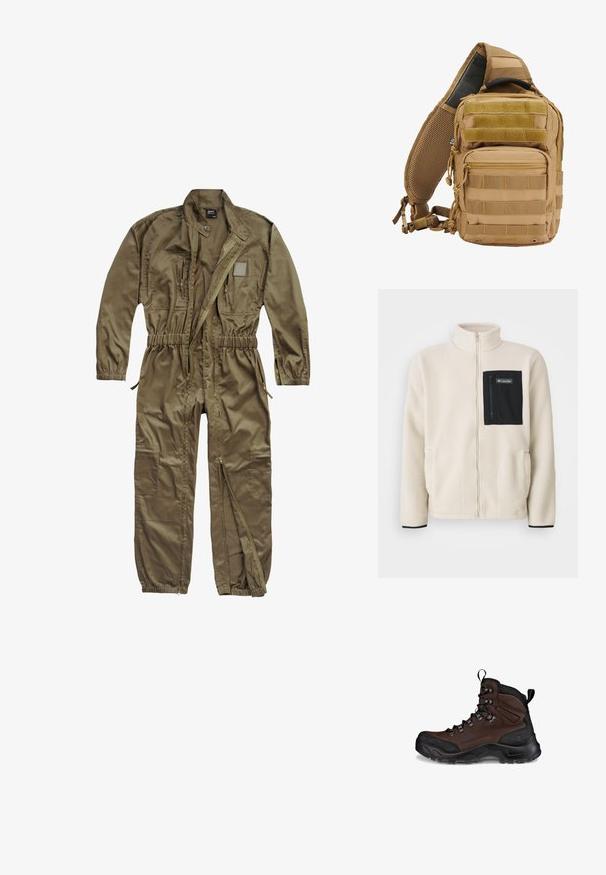 Veste en polaire blanc cassé avec une poche poitrine zippée noire et un garniture noire. Présente un col haut et des poches avant arrondies.; Combinaison utilitaire vert olive en tissu résistant, avec fermeture éclair à l'avant, taille élastique et plusieurs poches sur le torse et les jambes.; Botte de randonnée marron avec un dessus en cuir texturé, un capuchon en caoutchouc noir, des œillets renforcés et une semelle robuste pour l'adhérence.; Sac à dos tactique beige avec plusieurs poches, sangles en toile, dos en maille rembourré, fermetures éclair et coutures renforcées pour plus de durabilité.