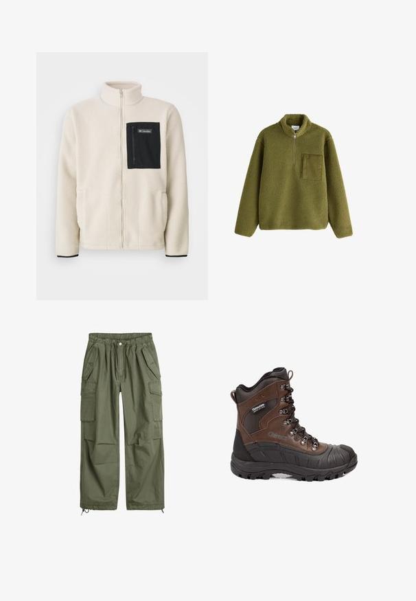 Fleecejack in off-white met een zwart ritszak op de borst en zwarte details. Heeft een hoge kraag en ronde voorzakken.; Olijfgroene fleecetrui met lange mouwen, halve rits aan de voorkant, opstaande kraag en een gestructureerde vierkante borstzak aan de linkerzijde.; Olijfgroene cargo broek met een elastische tailleband, koord, meerdere zijzakken en taps toelopende manchetten. Gemaakt van duurzaam katoen.; Bruine en zwarte geïsoleerde wandelschoen met dikke zool, metalen oogjes en Thinsulate-label aan de zijkant.