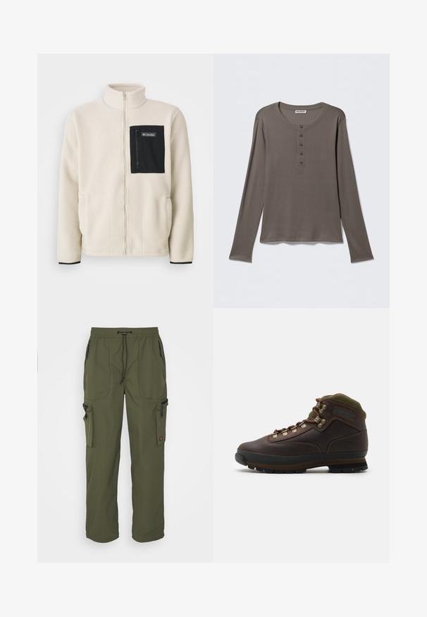 Fleecejack in off-white met een zwart ritszak op de borst en zwarte details. Heeft een hoge kraag en ronde voorzakken.; Grijze henley met lange mouwen, vijf knopen en een ronde hals, getoond tegen een eenvoudige witte achtergrond.; Olijfgroene cargobroek van lichtgewicht stof, met een elastische tailleband, striksluiting en meerdere met rits gesloten zakken.; Bruine leren wandelschoen met groene stoffen rand. Voorzien van metalen vetershaken, rubberen zool en een gestructureerd profiel voor grip.