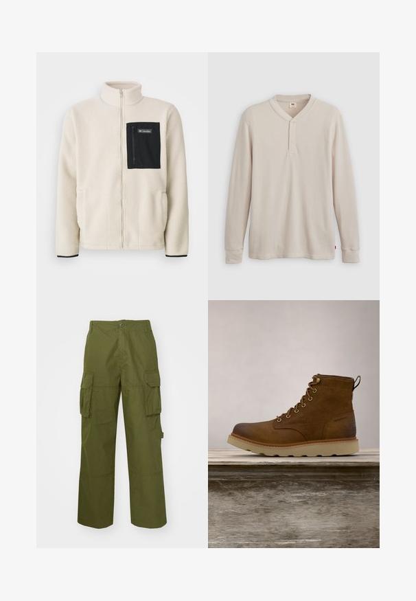 Fleecejack in off-white met een zwart ritszak op de borst en zwarte details. Heeft een hoge kraag en ronde voorzakken.; Lange mouwen henley-shirt in lichtbeige ribbelstof, met een V-hals, een drieknoopsluiting en manchetten. Rode logo-label aan de onderkant.; Olijfgroene cargo broek van duurzaam materiaal, met twee zijzakken, een relaxte pasvorm en een knoopsluiting bij de taille.; Bruine waterdichte enkelboot van gestructureerd leer, met gouden oogjes, een ronde neus en een lichte, gestructureerde rubberen zool.