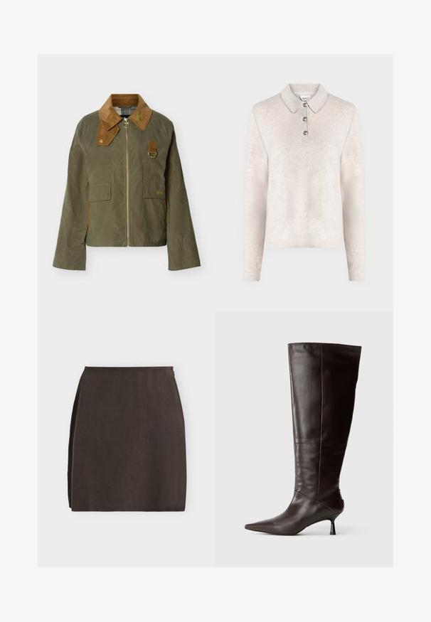 Μπουφάν από κερωμένο βαμβάκι σε ελαιί πράσινο με καφέ γιακά από κοτλέ, μπροστινό φερμουάρ, δύο τσέπες με καπάκι και μεταλλικό δαχτυλίδι D στο στήθος.; Μπεζ μακρυμάνικη πόλο μπλούζα με τρία κουμπιά και μυτερό γιακά από απαλό υφασμάτινο ύφασμα.; Σκούρα καφέ φούστα μήκους μέχρι το γόνατο σε γραμμή Α με λεία υφή και πλαϊνή κλείσιμο με φερμουάρ, σε απλό φωτεινό φόντο.; Καφέ δερμάτινη μπότες μέχρι το γόνατο με αιχμηρή μύτη και λεπτό τακούνι. Ομαλή υφή και κομψό σχέδιο, με μινιμαλιστική σιλουέτα.
