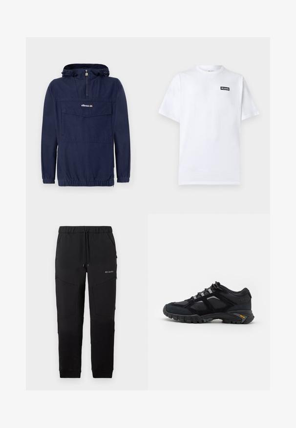 Veste à col roulé bleu marine en tissu léger, dotée d'une fermeture éclair quart, d'une capuche ajustable et d'une poche frontale avec rabat.; T-shirt blanc en coton à manches courtes avec un petit écusson du logo Columbia Sportswear noir et blanc sur la poitrine gauche.; Pantalon de jogging noir de la marque Columbia avec taille à cordon de serrage, poches latérales zippées et détails de panneau au niveau des genoux, présenté sur un fond blanc.; Chaussure extérieure noire en daim et en maille avec une semelle robuste. Présente des accents gris et une marque Vibram sur le côté. Design à lacets.