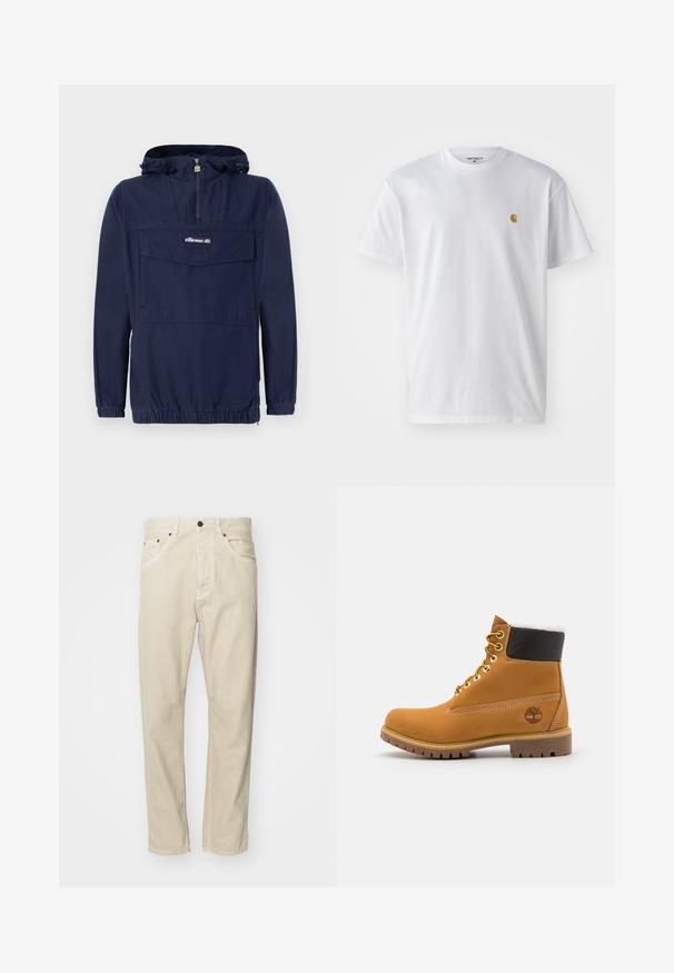 Chaqueta de pullover azul marino hecha de tela ligera, con media cremallera, capucha ajustable y un bolsillo frontal con solapa.; Camiseta de algodón blanca con mangas cortas, cuello redondo, que presenta un pequeño logo dorado en la parte izquierda del pecho. Textura suave y corte regular.; Pantalones de algodón beige con diseño de pierna recta, cinco bolsillos y acentos de metal. Textura suave con detalles de costura mínimos.; Botín de cuero marrón con ojales de metal, forro de piel sintética blanca, cuello acolchado negro, suela resistente y logotipo en relieve en el costado.