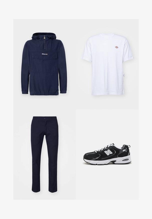 Chaqueta de pullover azul marino hecha de tela ligera, con media cremallera, capucha ajustable y un bolsillo frontal con solapa.; Camiseta de algodón blanca con cuello en V y mangas cortas. Presenta un pequeño logo bordado de colores en el lado izquierdo del pecho. Textura suave.; Chinos azul marino elaborados en una mezcla de algodón, con un diseño de pierna recta, bolsillos delanteros y un cierre de botón en la cintura.; Zapatillas deportivas en negro y gris con parte superior de malla y ante, que cuentan con una entresuela blanca, cordones y un llamativo logo "N" en el lateral.