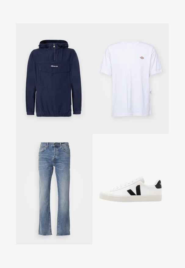 Veste à col roulé bleu marine en tissu léger, dotée d'une fermeture éclair quart, d'une capuche ajustable et d'une poche frontale avec rabat.; T-shirt en coton blanc avec un col en V et des manches courtes. Présente un petit logo coloré brodé sur la poitrine gauche. Texture douce.; Jean en denim bleu clair avec une coupe droite, doté de cinq poches et d'un petit bouton métallique au niveau de la taille. Détail d'ourlet effiloché.; Sneaker blanche en cuir avec des accents en daim noir ; dispose d'une semelle en caoutchouc, d'un bout rond et d'un design classique à lacets. Logo latéral en noir.