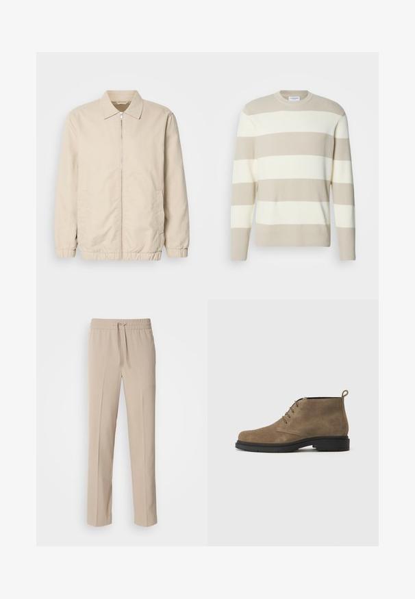 Beige letvægtsjakke med lynlås foran, krave, elastiske manchetter og sidelommer. Glat tekstur, lige snit og minimalistisk design.; Beige stribet sweater med ribbet tekstur, der har brede cremede striber, rund halsudskæring og lange ærmer.; Beige, afslappede bukser lavet af blødt materiale, med elastisk talje og snøre samt lige ben med minimale detaljer.; Brune ruskinds ankelstøvle med en rund tå, fire øjer til snørebånd og en sort gummisål. Har en pull tab bagpå.