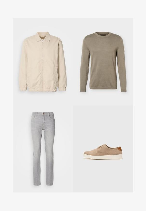 Beige letvægtsjakke med lynlås foran, krave, elastiske manchetter og sidelommer. Glat tekstur, lige snit og minimalistisk design.; Beige strikket trøje med rund hals og lange ærmer, med ribstrikkede manchetter og kant, med en lille lapdetalje på øverste venstre ærme.; Lys grå denim jeans med lige pasform, der har fem lommer, knaplukning og diskrete slidser.; Beige ruskinds sneakers med rund tå, snørebånd foran og en struktureret rygdetalje. Hvid gummisål giver kontrast. Enkel og moderne design.