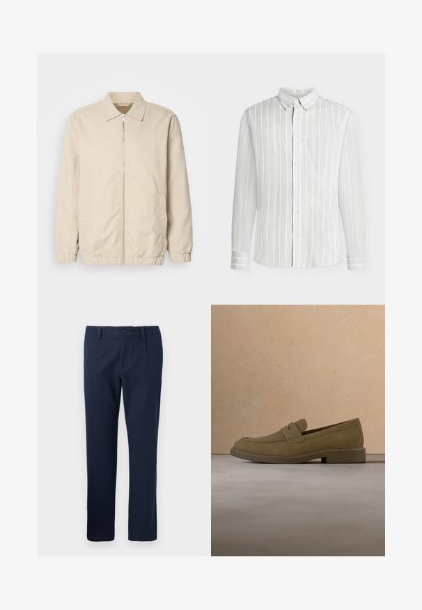 Beige letvægtsjakke med lynlås foran, krave, elastiske manchetter og sidelommer. Glat tekstur, lige snit og minimalistisk design.; Hvid langærmet skjorte med lodrette lysegrå striber og en enkelt brystlomme, vist på en ensfarvet baggrund.; Mørkeblå bukser med lige ben, knap- og lynlåslukning, bæltestropper og forlommer, vist mod en ensfarvet baggrund.; Brun mokkalærreds loafersko svæver over et tekstureret beige tæppe i en stue med et træ sofabord og stabler af bøger.