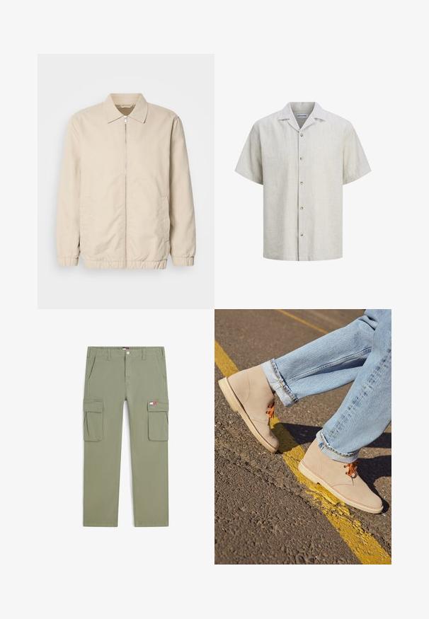 Beige letvægtsjakke med lynlås foran, krave, elastiske manchetter og sidelommer. Glat tekstur, lige snit og minimalistisk design.; Herre kortærmet beige og hvid tyndstribet skjorte med knapper og camp-krave samt fem knapper foran.; Lyse olivengrøn cargo-bukser med forlommelåg, bæltestropper og et Tommy Jeans logo-patch på højre lomme.; Beige ruskind ankelstøvler med orange snørebånd, rund tå og en let gummisål, parret med opfoldede lyseblå denimjeans.