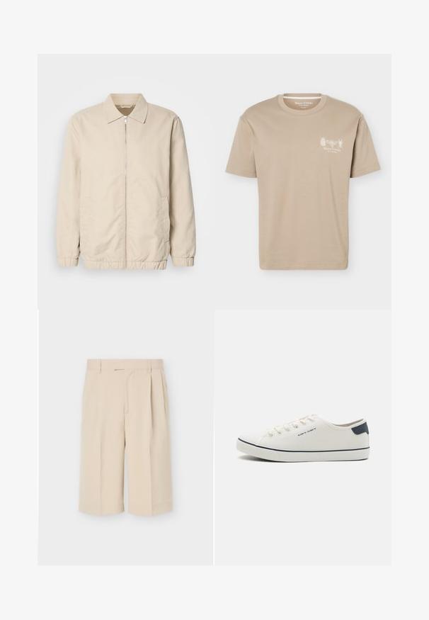 Beige letvægtsjakke med lynlås foran, krave, elastiske manchetter og sidelommer. Glat tekstur, lige snit og minimalistisk design.; Beige kortærmet T-shirt med rund halsudskæring med små insektgrafikker og "Marc O'Polo" logo på venstre bryst.; Beige knælange skræddersyede shorts med bæltestropper og forreste folder på en ensartet lys baggrund.; Canvas sneakers i off-white med navy accenter, med rund tå, snørrestruktur og struktureret gummisål. Enkel og ren æstetik.