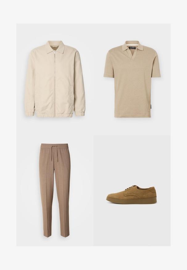 Beige letvægtsjakke med lynlås foran, krave, elastiske manchetter og sidelommer. Glat tekstur, lige snit og minimalistisk design.; Beige kortærmet polo med åben krave, almindelig pasform og stoflabel i sidesømmen.; Brune, vævede bukser med en afslappet pasform, snøre i taljen og frontfald. Lige ben og ingen synlige lommer eller metaldele.; Brun ruskindslærredsko med snørebånd og flad gummisål, set fra siden på en ensfarvet lys baggrund.