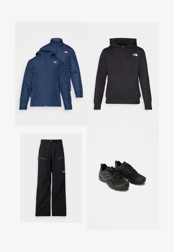 Marineblå vendbar jakke med vandtæt ydre og isoleret puffer indeni. Har lynlåse og dobbelt sidelommer.; Sort hoodie lavet af blødt stof, med en front kangaroo lomme, snøre hætte og hvidt logo på brystet.; Sorte udendørsbukser med justerbart bælte, to lynlåslommer på lårene og The North Face-logo på højre ben.; Sorte atletiske sko med en struktureret overdel, holdbar gummisål og diskrete reflekterende detaljer; har et snøresystem for en sikker pasform.