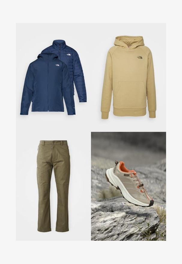Chaqueta reversible azul marino con un exterior impermeable y un interior acolchado aislante. Cuenta con cremalleras y bolsillos laterales dobles.; Sudadera con capucha beige de material suave. Incluye un bolsillo frontal y presenta un pequeño logotipo negro en la parte superior izquierda del pecho.; Pantalones cargo color caqui fabricados en un duradero tejido de algodón, con bolsillos laterales, perneras rectas y cierre de cremallera con botón.; Zapato de senderismo beige y naranja con suela gruesa, etiqueta GORE-TEX y marca "TERREX", mostrado sobre terreno rocoso.