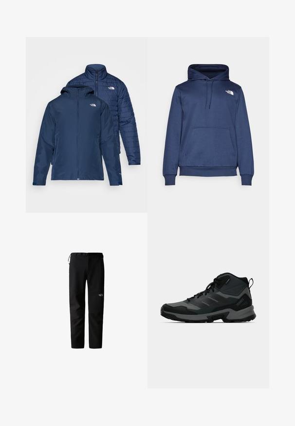 Chaqueta reversible azul marino con un exterior impermeable y un interior acolchado aislante. Cuenta con cremalleras y bolsillos laterales dobles.; Sudadera azul marino de tejido suave, con un bolsillo canguro en la parte delantera, capucha ajustable con cordón y un pequeño logo blanco en el pecho.; Pantalones de exterior negros con un diseño elegante, fabricados en un tejido duradero y ligero. Cuentan con un cinturón, bolsillos laterales y un logotipo en el muslo.; Zapato de senderismo de corte alto que presenta una combinación de materiales en negro y gris, parte superior texturizada, suela de goma y soporte reforzado para el tobillo.