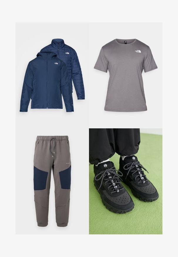Chaqueta reversible azul marino con un exterior impermeable y un interior acolchado aislante. Cuenta con cremalleras y bolsillos laterales dobles.; Camiseta gris de manga corta hecha de una tela suave. Presenta un escote redondo y un pequeño logo blanco en la parte superior izquierda.; Pantalones jogger grises con paneles azul marino en las rodillas, cintura elástica, cordón ajustable, bolsillos con cremallera y logo de Columbia en el muslo superior.; Las zapatillas negras presentan una mezcla de materiales de cuero y malla, una suela de goma texturizada, perforaciones prominentes y cordones decorados con patrones y acentos numéricos.