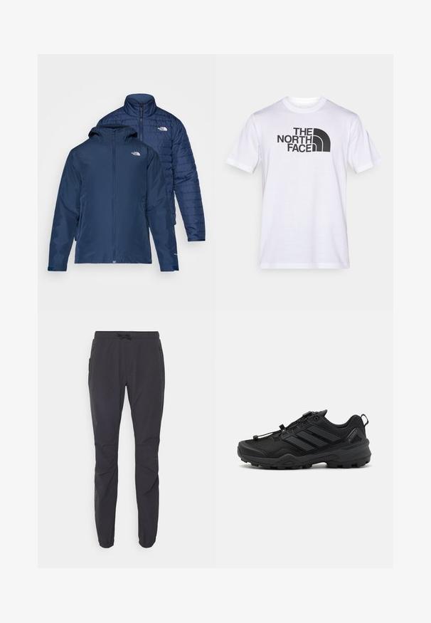 Chaqueta reversible azul marino con un exterior impermeable y un interior acolchado aislante. Cuenta con cremalleras y bolsillos laterales dobles.; Camiseta blanca de algodón con un logo negro de "THE NORTH FACE" y un elemento de diseño curvo. Mangas cortas y cuello redondo.; Pantalones exteriores ligeros y negros con cintura elástica, cierre de cordón y dos bolsillos laterales con cremallera. Hechos de un tejido transpirable.; Zapatilla deportiva negra con una parte superior de malla texturizada, acentos sintéticos contrastantes y una suela de goma resistente. Presenta un sistema de cordones seguro y una lengüeta trasera.
