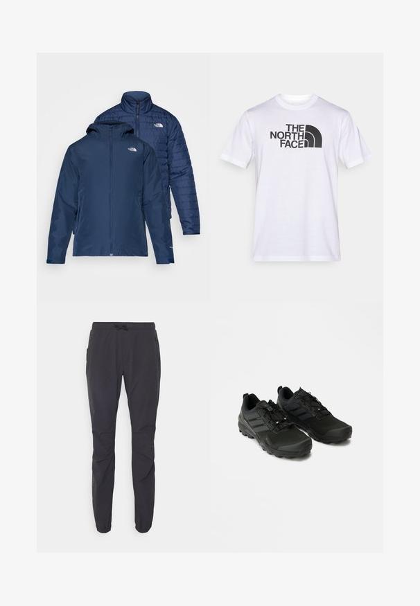 Chaqueta reversible azul marino con un exterior impermeable y un interior acolchado aislante. Cuenta con cremalleras y bolsillos laterales dobles.; Camiseta blanca de algodón con un logo negro de "THE NORTH FACE" y un elemento de diseño curvo. Mangas cortas y cuello redondo.; Pantalones exteriores ligeros y negros con cintura elástica, cierre de cordón y dos bolsillos laterales con cremallera. Hechos de un tejido transpirable.; Zapatillas deportivas negras con parte superior texturizada, suela de goma duradera y sutiles acentos reflectantes; cuentan con un sistema de cordones para un ajuste seguro.