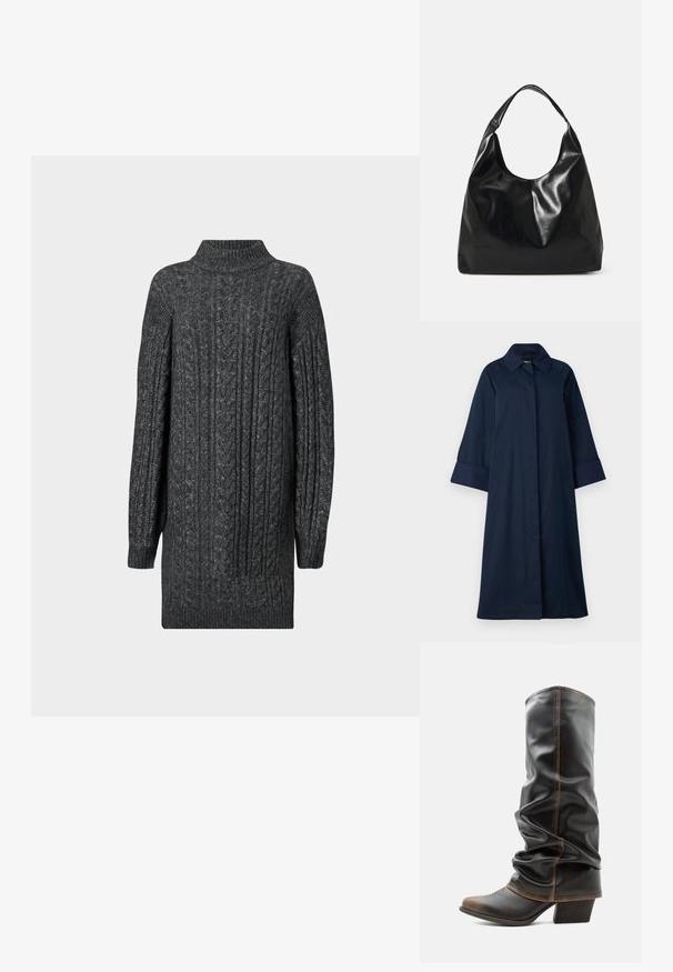 ONLY Tall ONLORCHID - Trenchcoat - night sky; Donkergrijs kabelgebreid lang trui-jurk met geribbelde hoge hals, manchetten en zoom op een witte achtergrond.; Hoge zwarte leren slappe laars met bruine accenten, puntige neus en gestapelde hak tegen een effen witte achtergrond.; Zwarte leren hobo tas met een zachte, glanzende textuur en een ronde, open bovenkant. Voorzien van een brede, gebogen schouderband om te dragen. Geen zichtbare hardware.